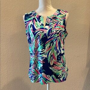 Vibrant Tank Top with Tropical Print and V Neckline Sz Sm